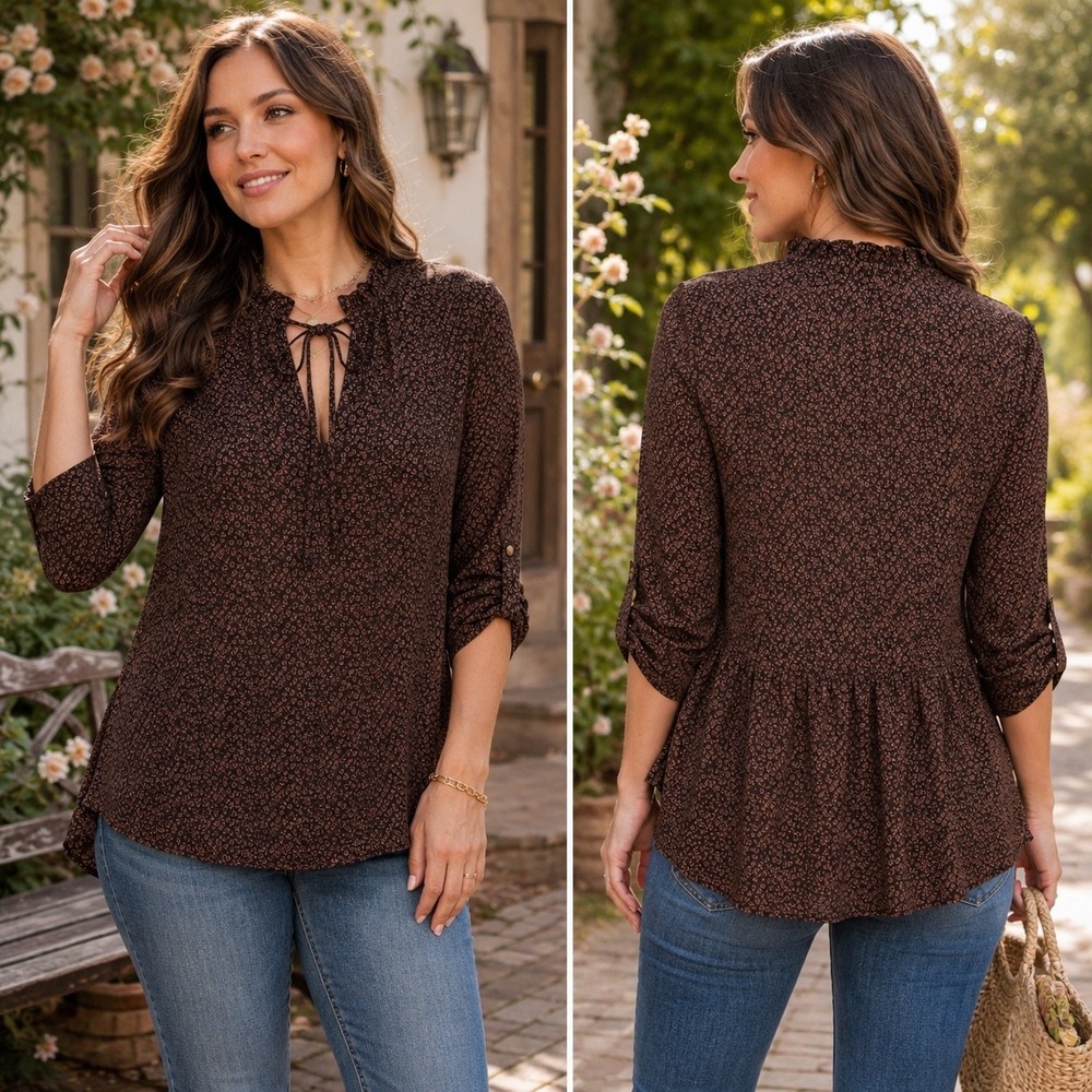 Everleigh Floral Tunic Top Small Black Rust High Low Roll Tab Sleeve‎ Blouse